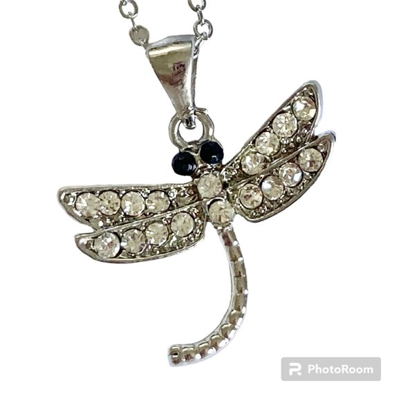 Dragonfly Necklace Crystal Silver Plated Pendant Insect Bug Sparkly 16-18" Chain - Picture 1 of 10